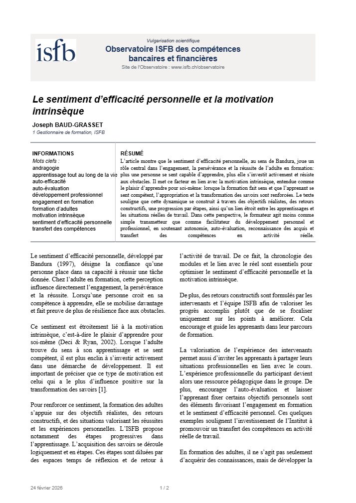 Le sentiment d’efficacité personnelle et la motivation intrinsèque