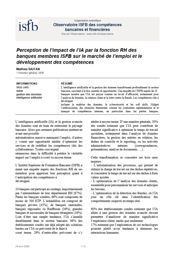 Perception de l’impact de l’IA par la fonction RH des banques membres ISFB sur le marché de l’emploi et le développement des compétences