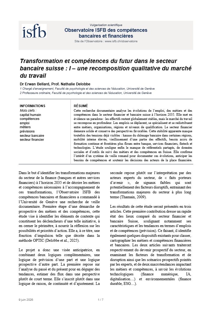 Transformation et compétences du futur dans le secteur bancaire suisse : I – une recomposition qualitative du marché du travail